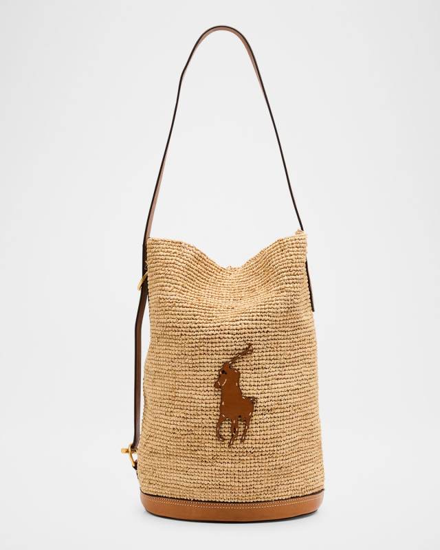 Polo ID Medium Sling Bucket Bag in Raffia and Leather